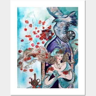 ORIENTAL FAIRY TALE ,PRINCESS ,RED ROSES AND FLYING HAWK Posters and Art